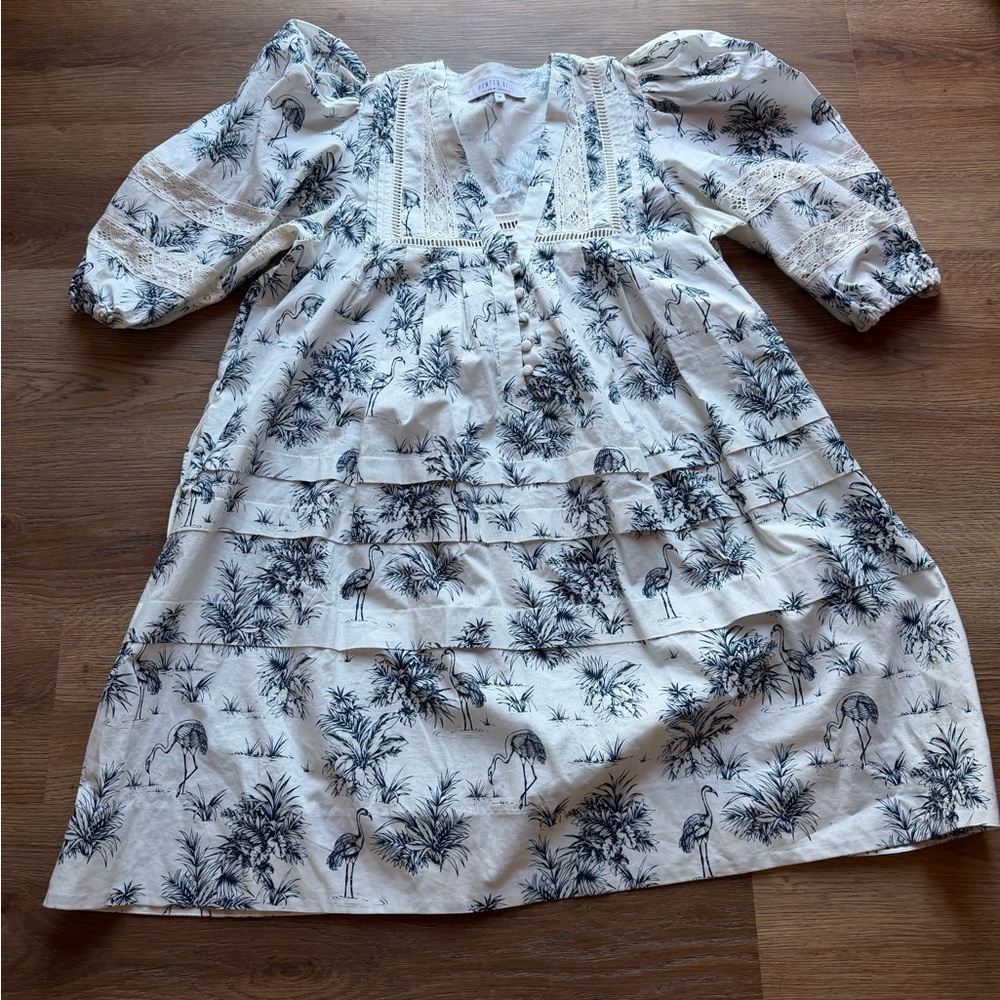 HUNTER BELL White and Navy Printed Midi Dress